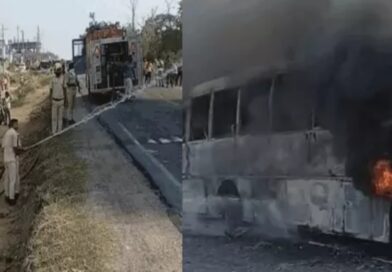 शॉर्ट-सर्किट से बस में लगी आग:मरम्मत के बाद वर्कशॉप से निकली थी गाड़ी
